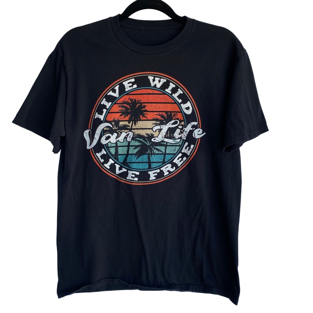 Van Life Live Wild Live Free Mens L Graphic T-Shirt Mens Black‎ Short Sleeve Tee